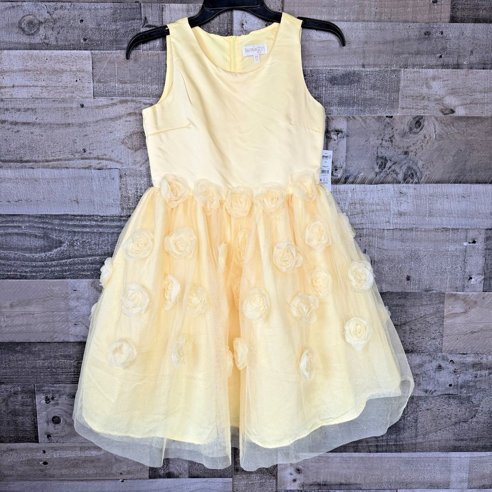 Kensie Girl Yellow Fit & Flare Dress Size 14 Tulle Bow Floral‎ Accent Glitter